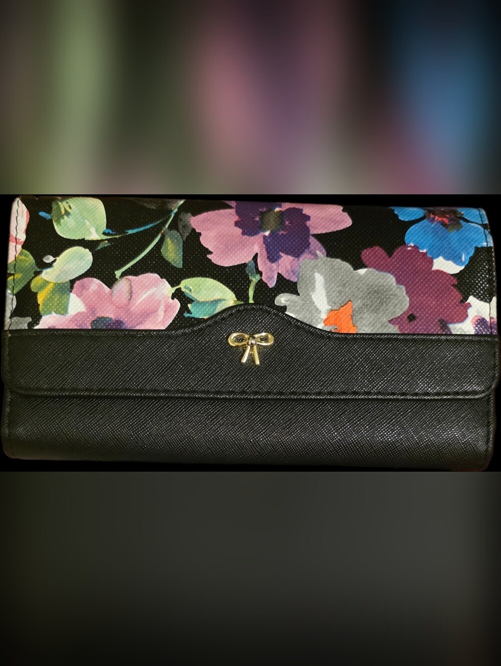Floral Print Black Clutch Wallet with Gold Bow Accent